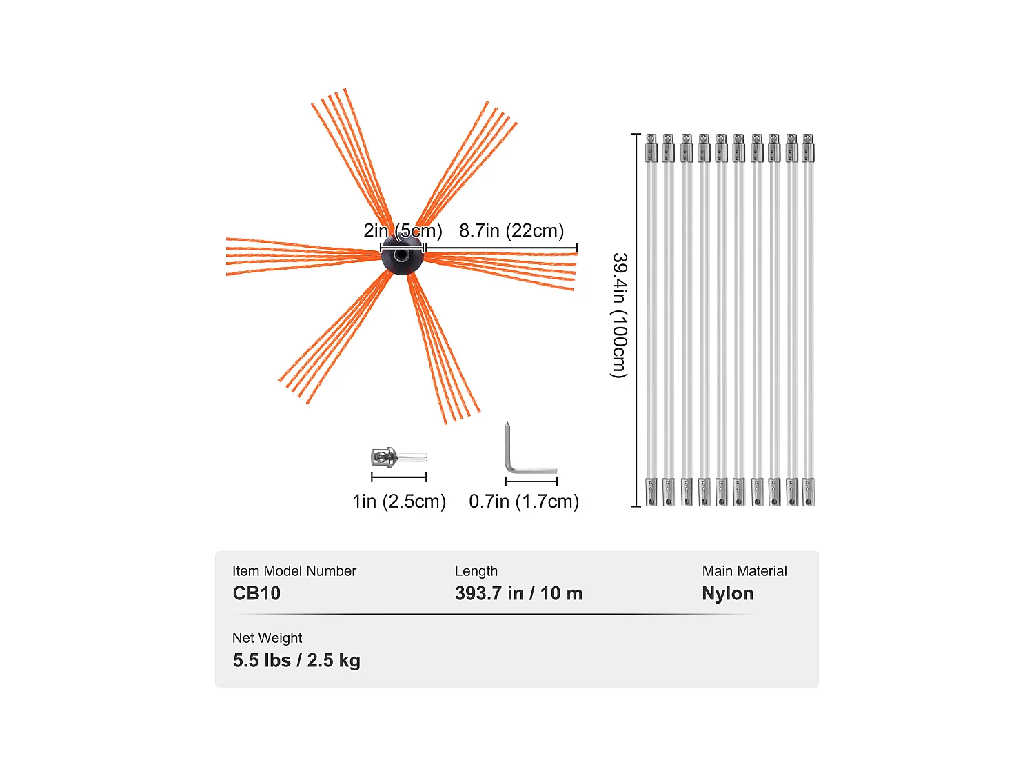 Kit de Ramonage de Cheminée SucceBuy 1m, Brosse Rotative, 10 tiges en Nylon, Convient aux Tuyaux