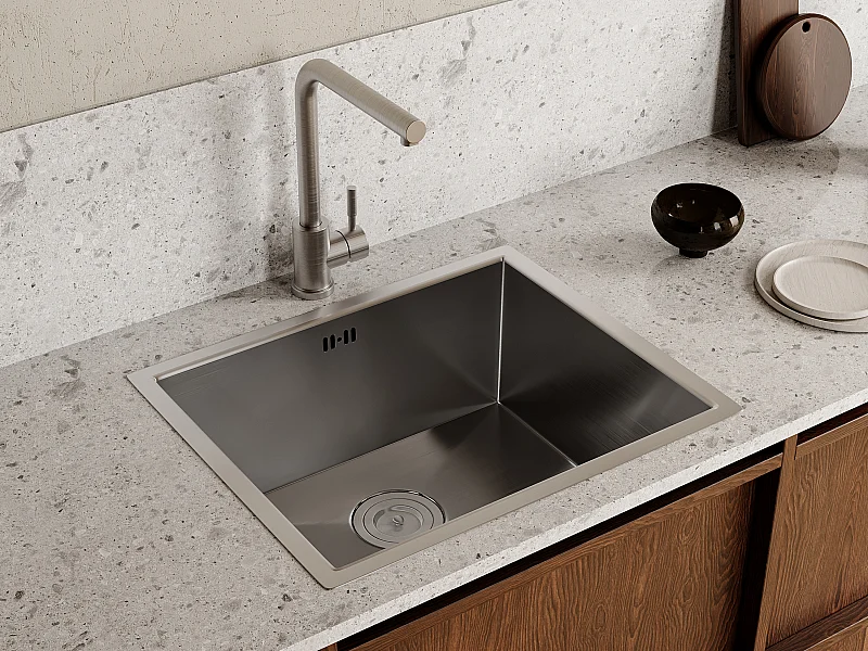 Zestaw zlewozmywak 55 x 45 cm SOELA + bateria ROFILA ze stali nierdzewnej - Szary