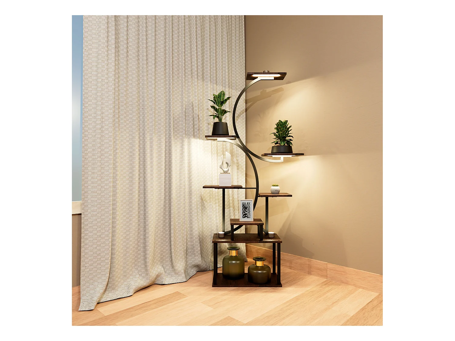 Itaca - Estante de chão de 8 prateleiras para objectos, plantas e flores com luz LED de crescimento, metal e madeira, castanho industrial