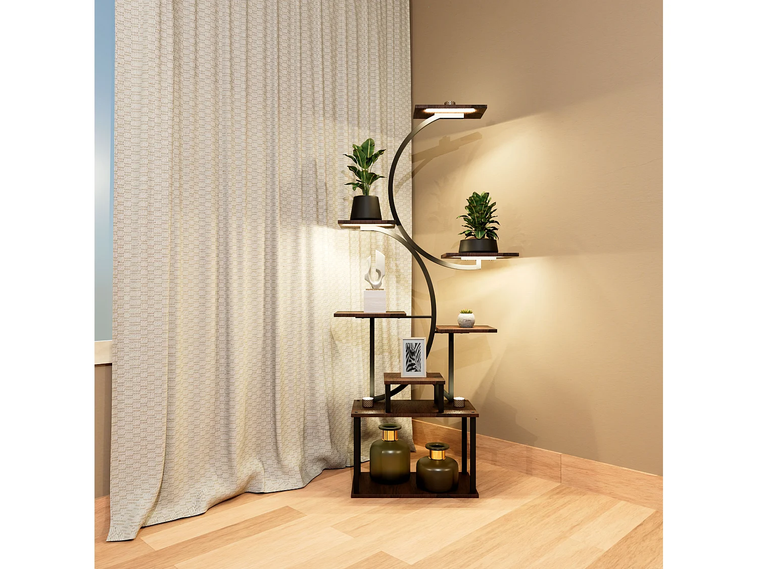 Itaca - Estanteria de Pie 8 Estantes para Objetos Plantas Flores con Luz Led Metal y Madera Industrial Marron