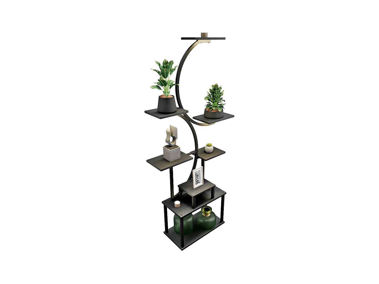 Itaca - Estanteria de Pie 8 Estantes para Objetos Plantas Flores con Luz Led Metal y Madera Negro