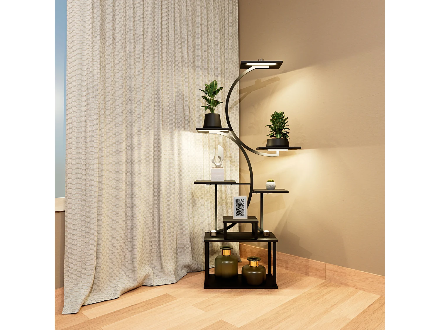 Itaca - Estanteria de Pie 8 Estantes para Objetos Plantas Flores con Luz Led Metal y Madera Negro