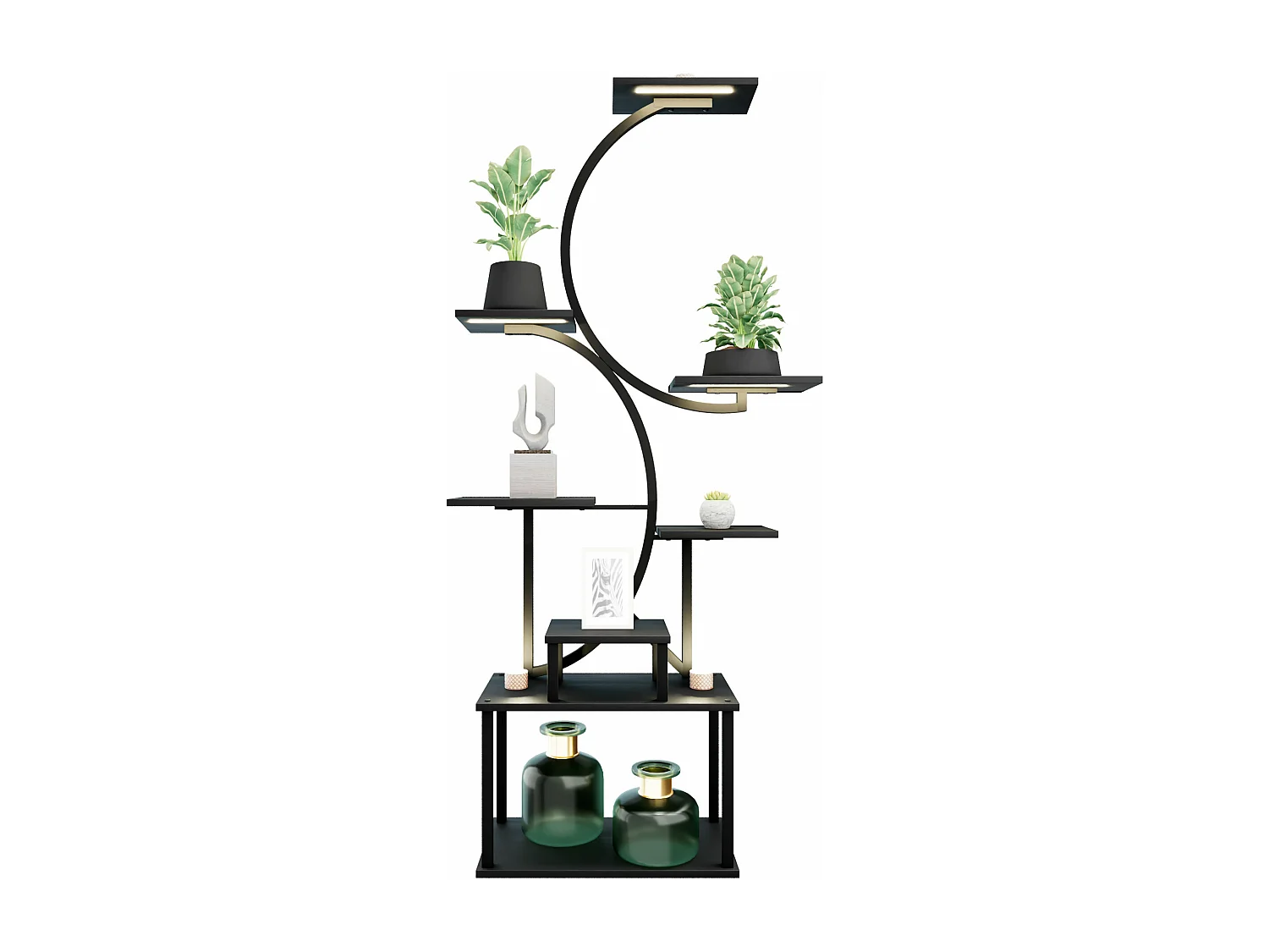 Itaca - Estanteria de Pie 8 Estantes para Objetos Plantas Flores con Luz Led Metal y Madera Negro