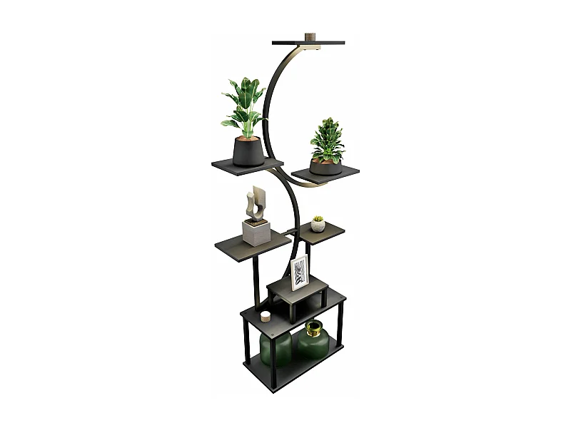 Itaca - Estanteria de Pie 8 Estantes para Objetos Plantas Flores con Luz Led Metal y Madera Negro