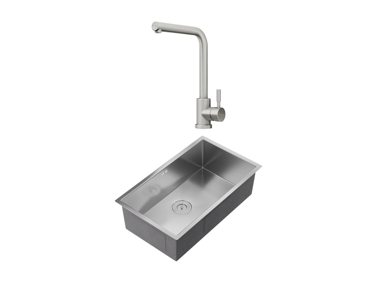 Set Spülbecken 76 x 45 cm SOELA + Armatur ROFILA aus Edelstahl - Grau günstig online kaufen