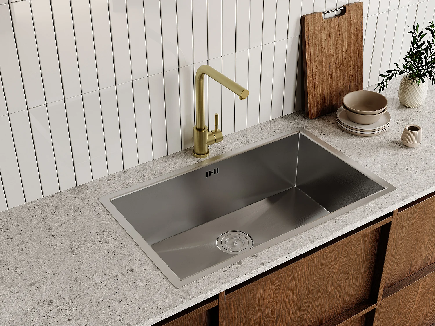 Fregadero 76x45 cm SOELA + grifo ROFILA de acero inoxidable - Gris y Dorado