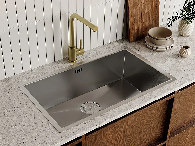 Fregadero 76x45 cm SOELA + grifo ROFILA de acero inoxidable - Gris y Dorado