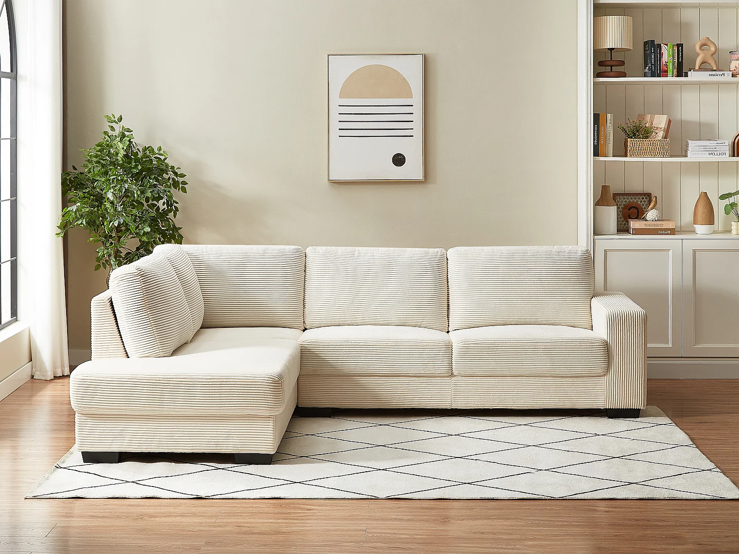 Hoekbank met hoek links in ribfluwelen stof kleur beige - MESETA