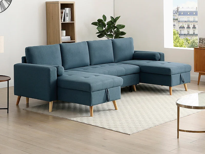 Canapé d'angle panoramique convertible en tissu bleu canard KORI