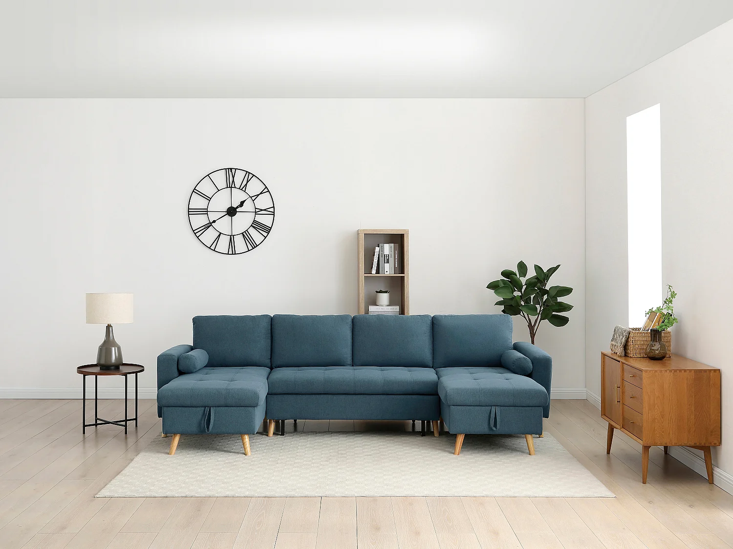 Canapé d'angle panoramique convertible en tissu bleu canard KORI