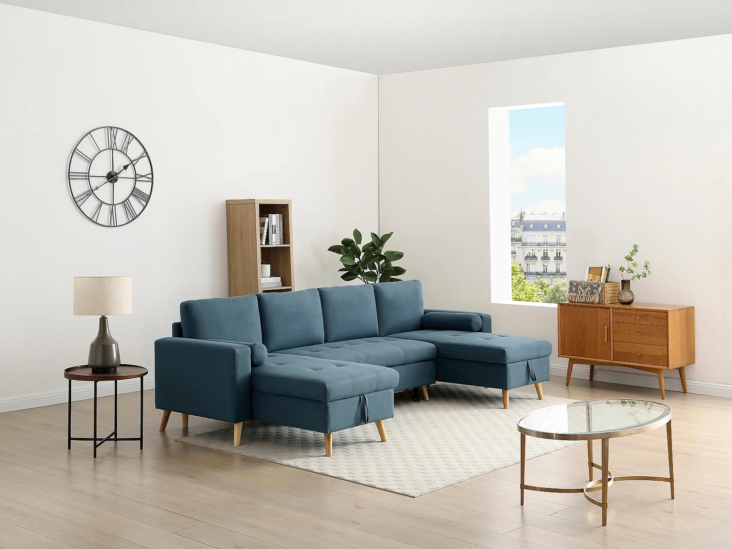 Canapé d'angle panoramique convertible en tissu bleu canard KORI