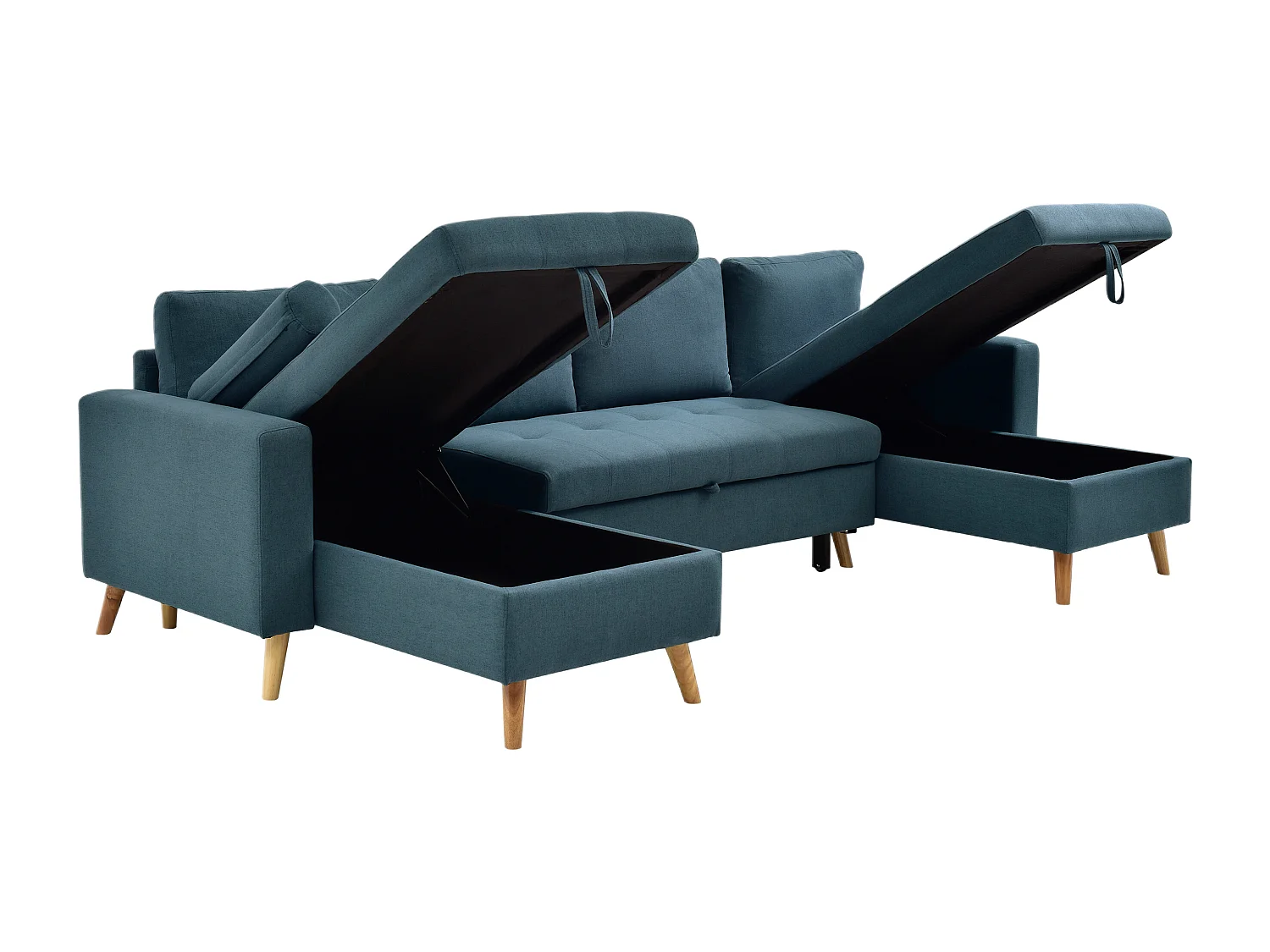 Canapé d'angle panoramique convertible en tissu bleu canard KORI