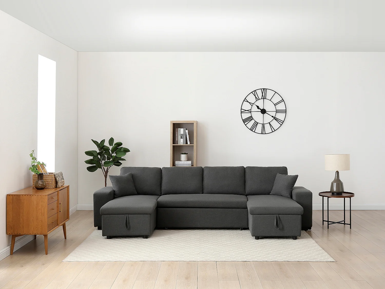 Canapé d'angle panoramique convertible avec rangements et poufs en tissu gris anthracite SELIM