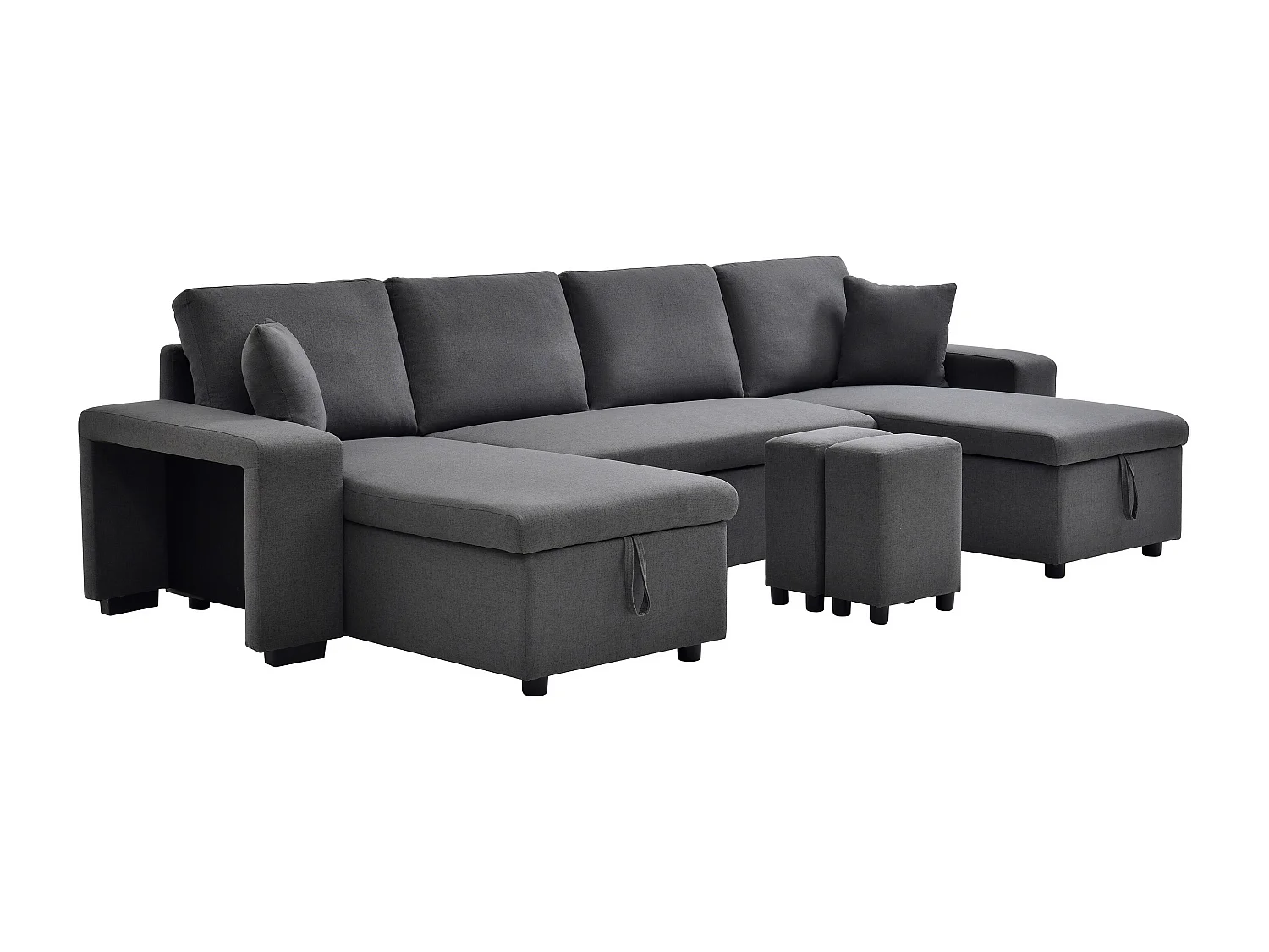 Canapé d'angle panoramique convertible avec rangements et poufs en tissu gris anthracite SELIM