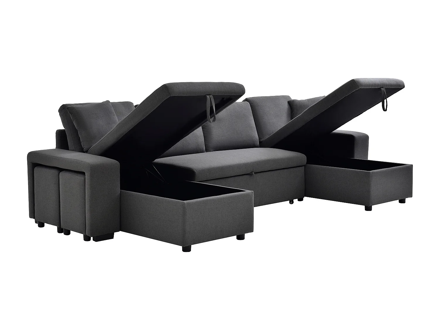 Canapé d'angle panoramique convertible avec rangements et poufs en tissu gris anthracite SELIM