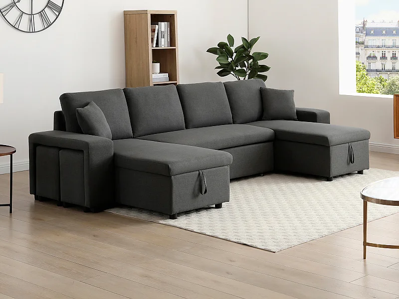 Canapé d'angle panoramique convertible avec rangements et poufs en tissu gris anthracite SELIM