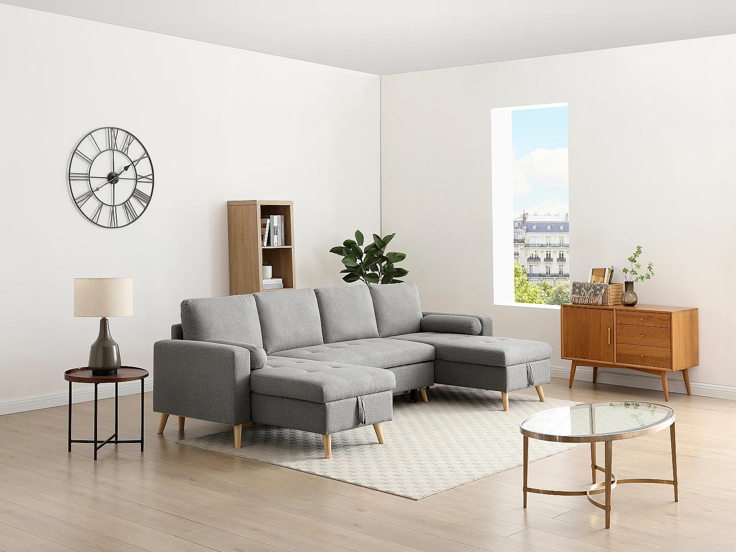 Canapé d'angle panoramique convertible en tissu gris clair KORI