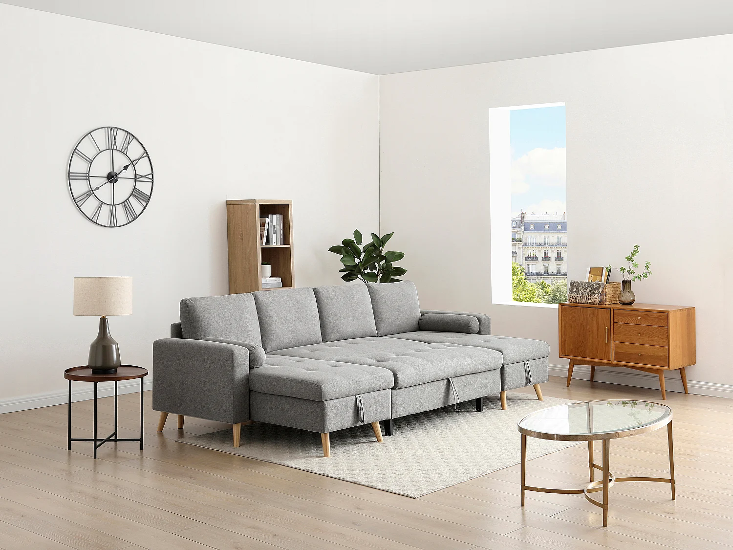 Canapé d'angle panoramique convertible en tissu gris clair KORI