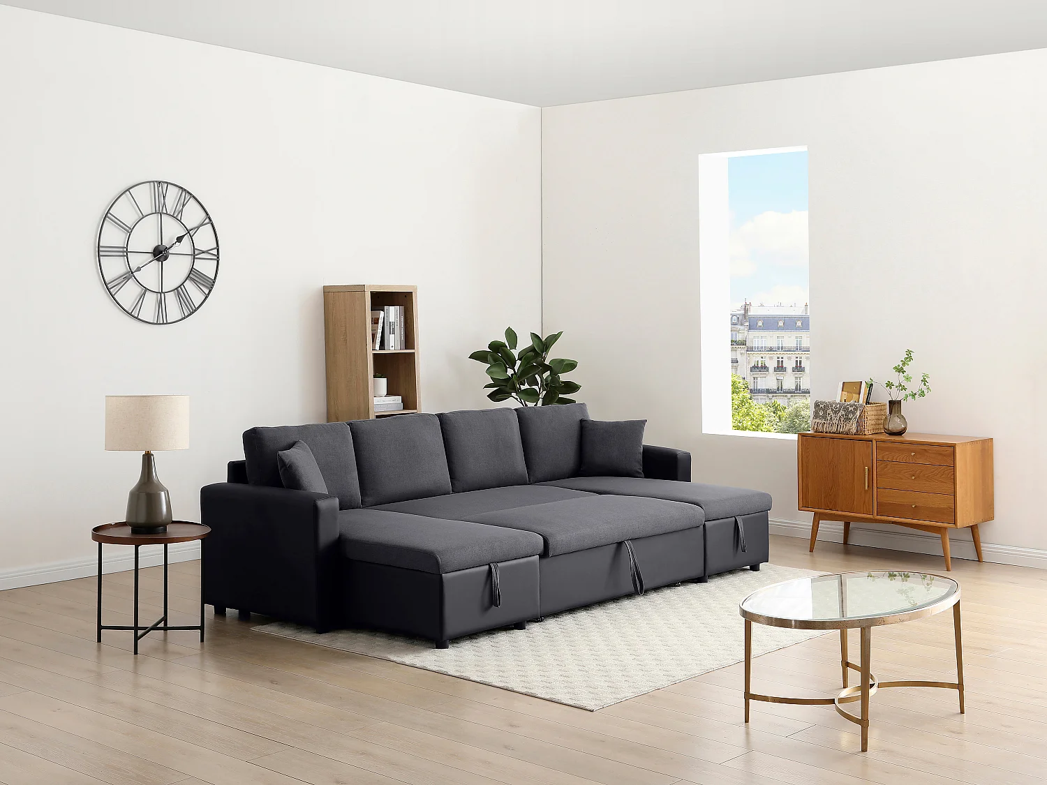 Canapé d'angle panoramique convertible en simili gris anthracite et noir GAZUR