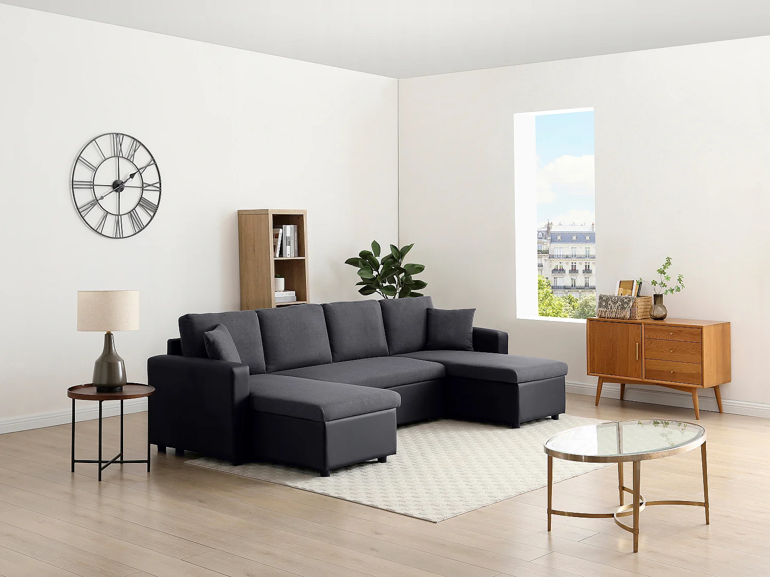 Ecksofa mit Schlaffunktion GAZUR - Stoff & Kunstleder - Ecke wechselbar - Anthrazit & Schwarz