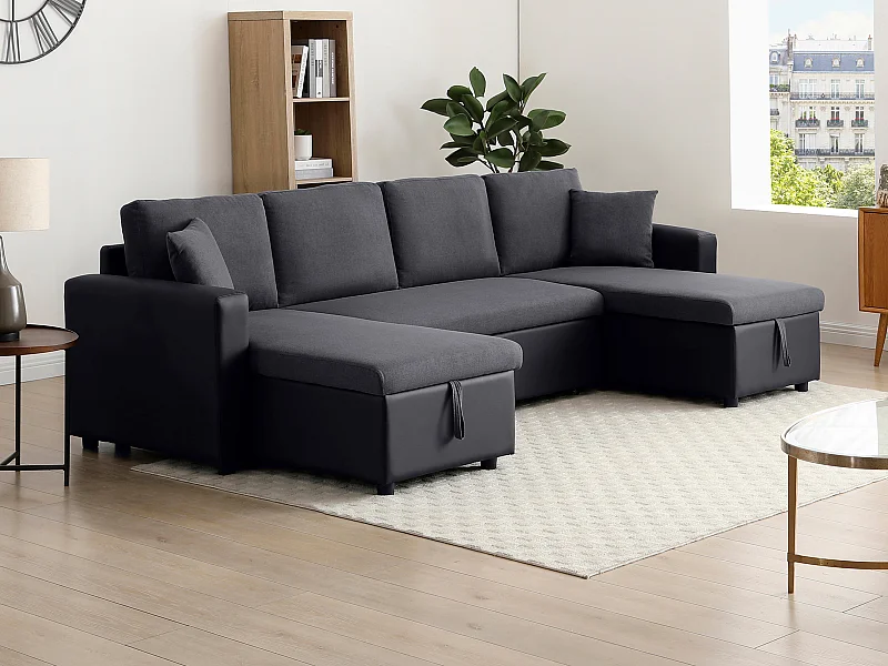 Canapé d'angle panoramique convertible en simili gris anthracite et noir GAZUR