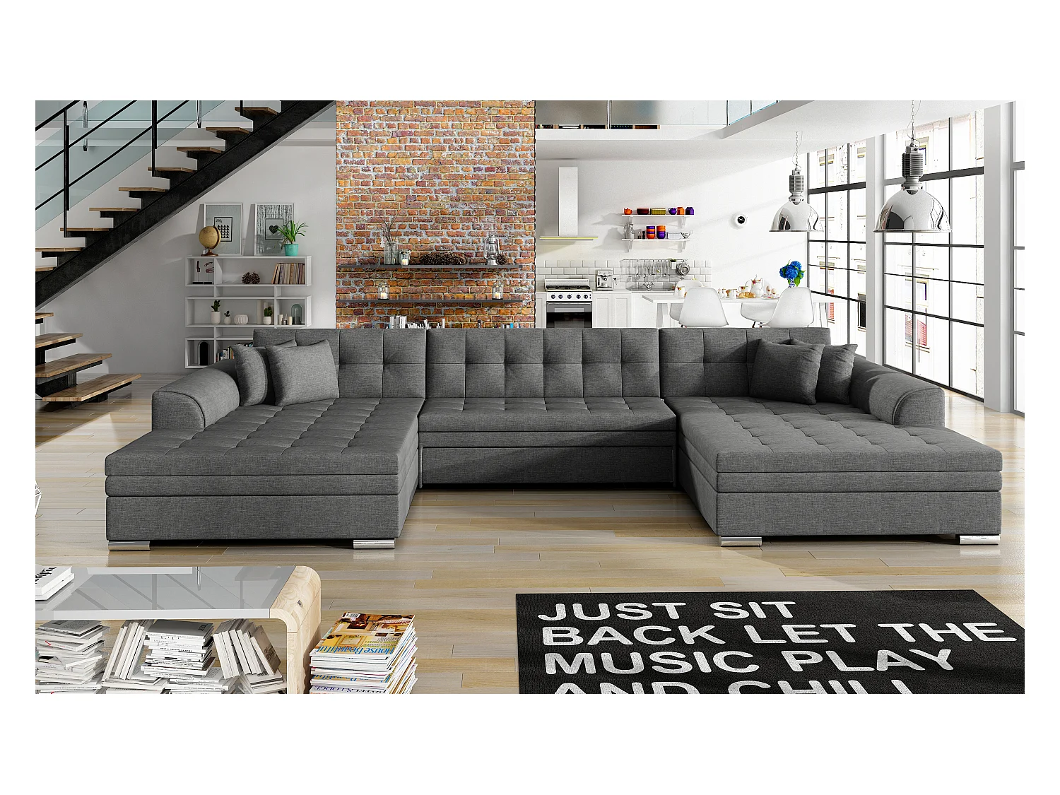Divano d'angolo Grande-U Lux /rivestimento in tessut/Grigio