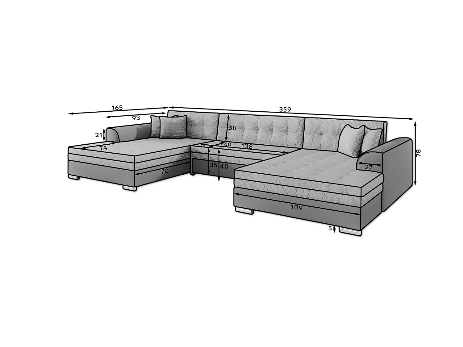 Divano d'angolo Grande-U Lux /rivestimento in tessut/Grigio