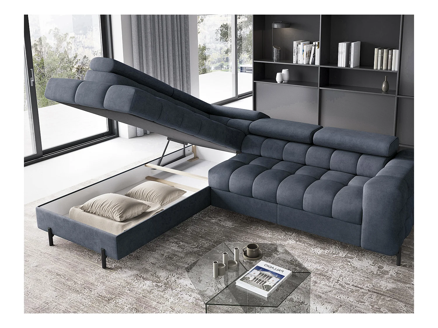 Divano d'angolo Latina L/rivestimento in tessut/Blu