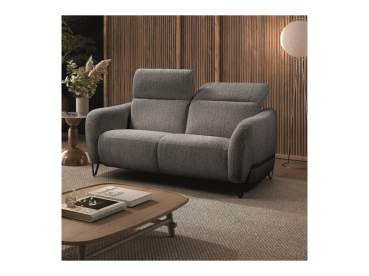 Canapé fixe 2 places tissu polyester gris avec têtières inclinables manuelles - AMSTEN