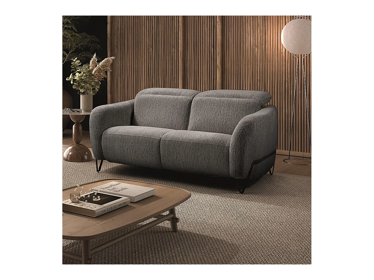 Canapé fixe 2 places tissu polyester gris avec têtières inclinables manuelles - AMSTEN