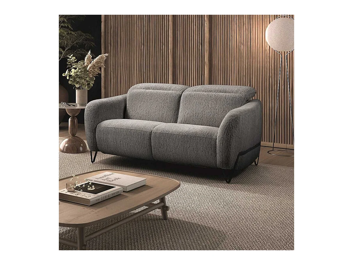 Canapé fixe 2 places tissu polyester gris avec têtières inclinables manuelles - AMSTEN