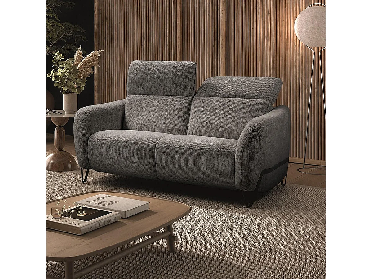 Canapé fixe 2 places tissu polyester gris avec têtières inclinables manuelles - AMSTEN