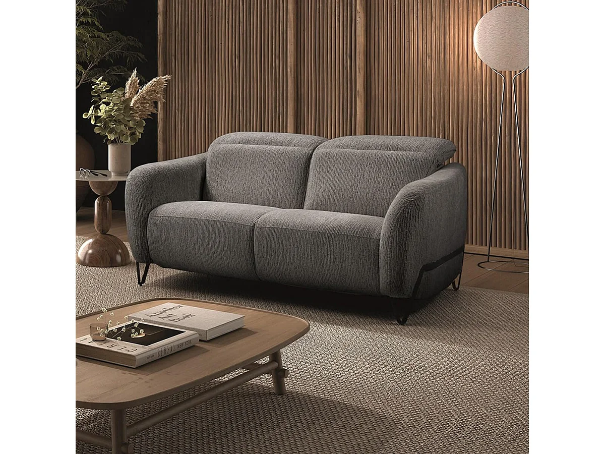 Canapé fixe 2 places tissu polyester gris avec têtières inclinables manuelles - AMSTEN