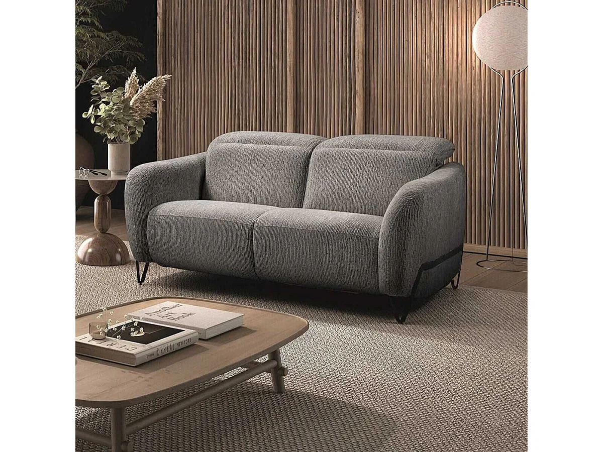 Canapé fixe 2 places tissu polyester gris avec têtières inclinables manuelles - AMSTEN