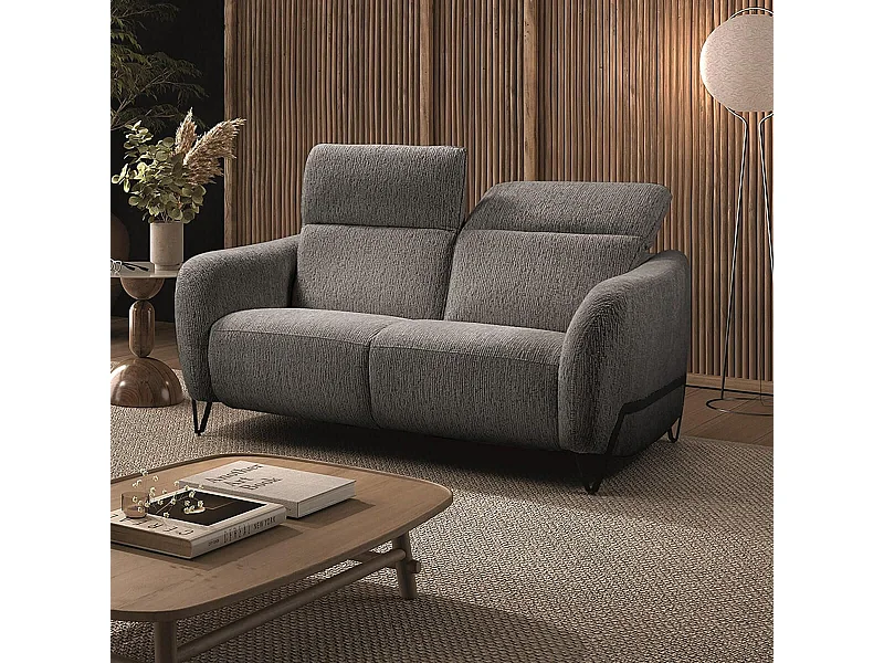 Canapé fixe 2 places tissu polyester gris avec têtières inclinables manuelles - AMSTEN