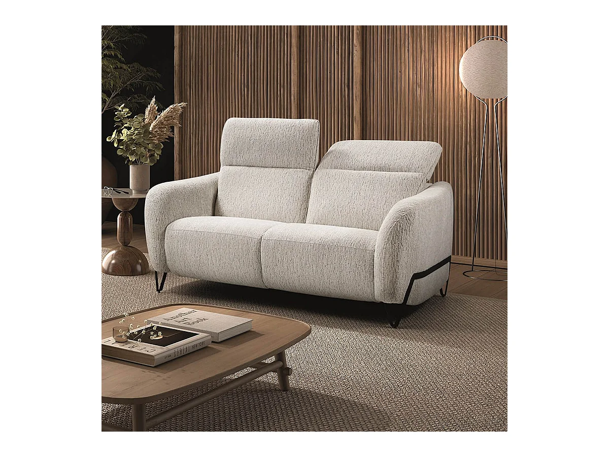 Canapé fixe 2 places tissu polyester beige avec têtières inclinables manuelles - AMSTEN
