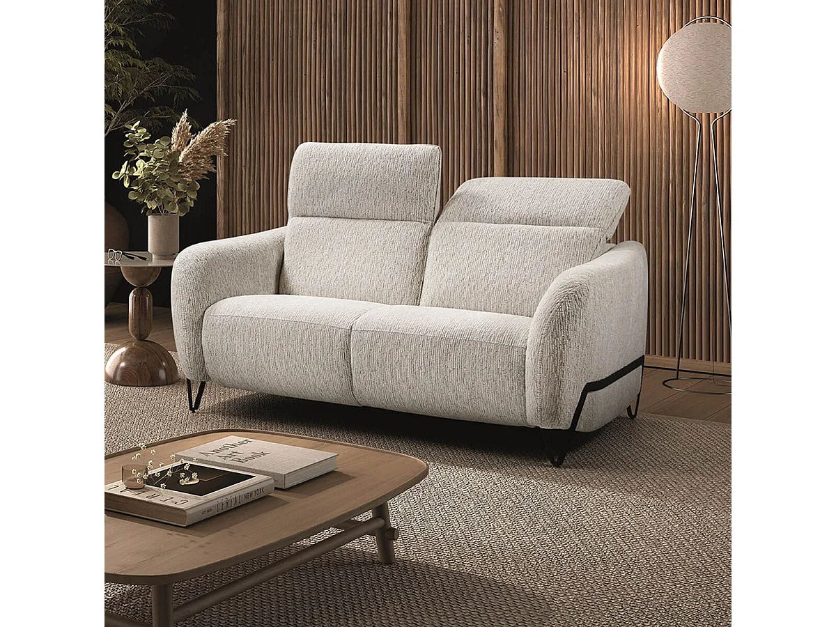Canapé fixe 2 places tissu polyester beige avec têtières inclinables manuelles - AMSTEN