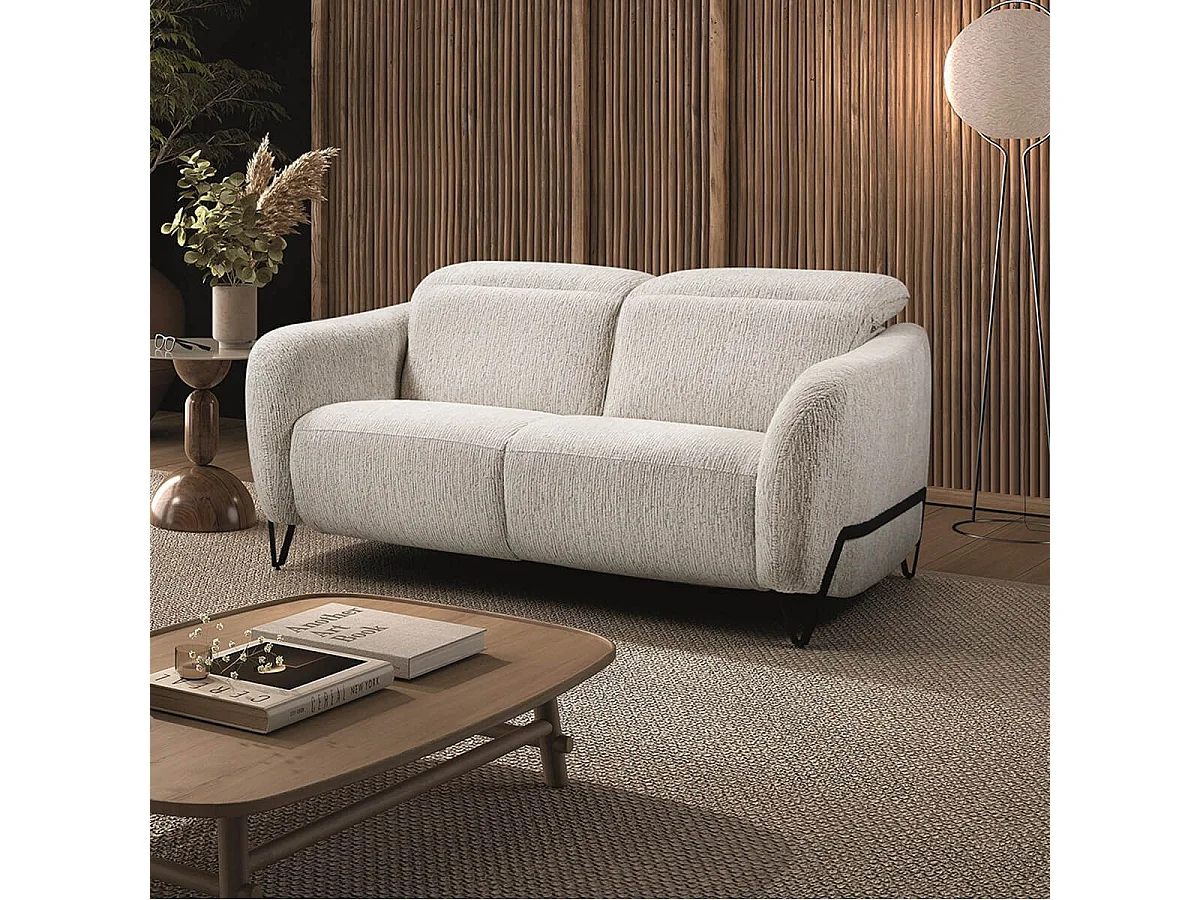 Canapé fixe 2 places tissu polyester beige avec têtières inclinables manuelles - AMSTEN