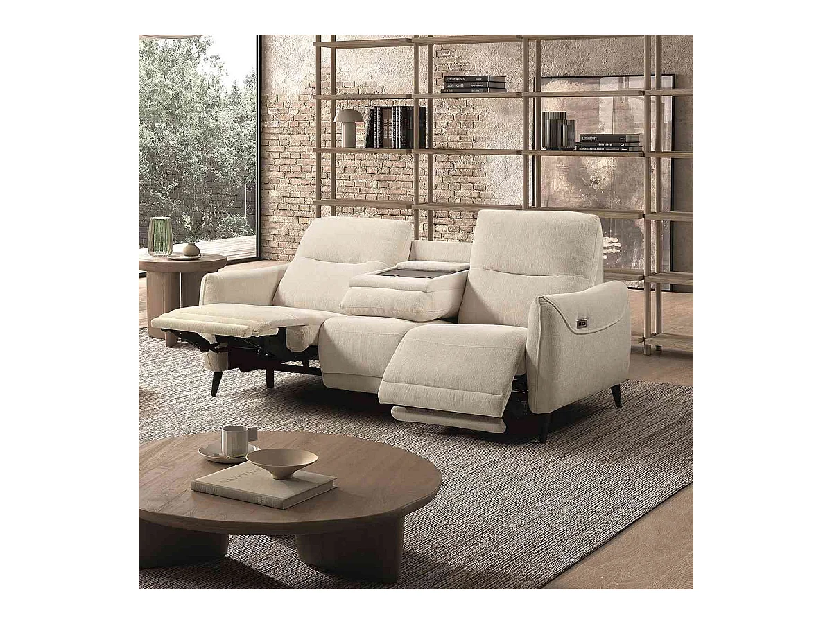 KERDAL - Canapé relax électrique 3 places tissu polyester beige