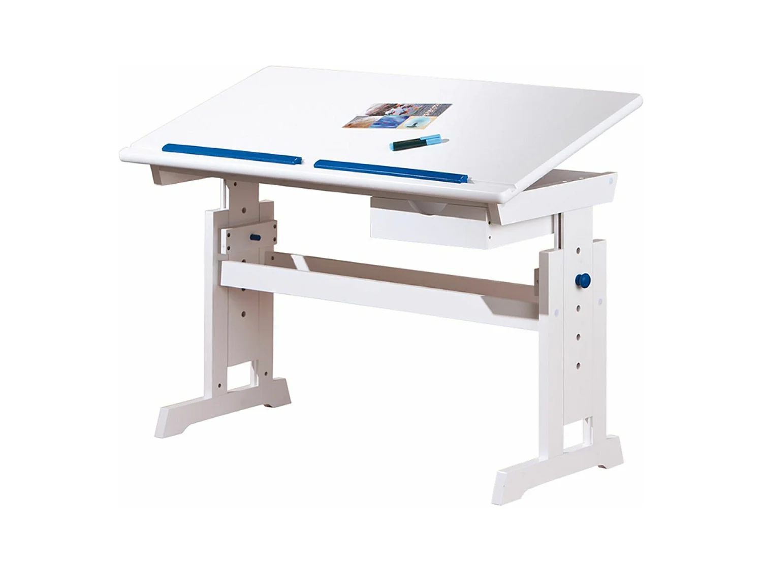 Bureau enfants Blanc / rose et bleu EN MDF / bois massif avec 1 tiroir, Dim : 109 x 55 x 63/88 cm