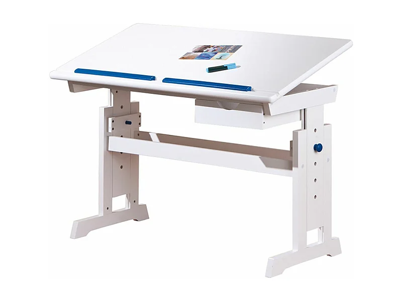 Bureau enfants Blanc / rose et bleu EN MDF / bois massif avec 1 tiroir, Dim : 109 x 55 x 63/88 cm