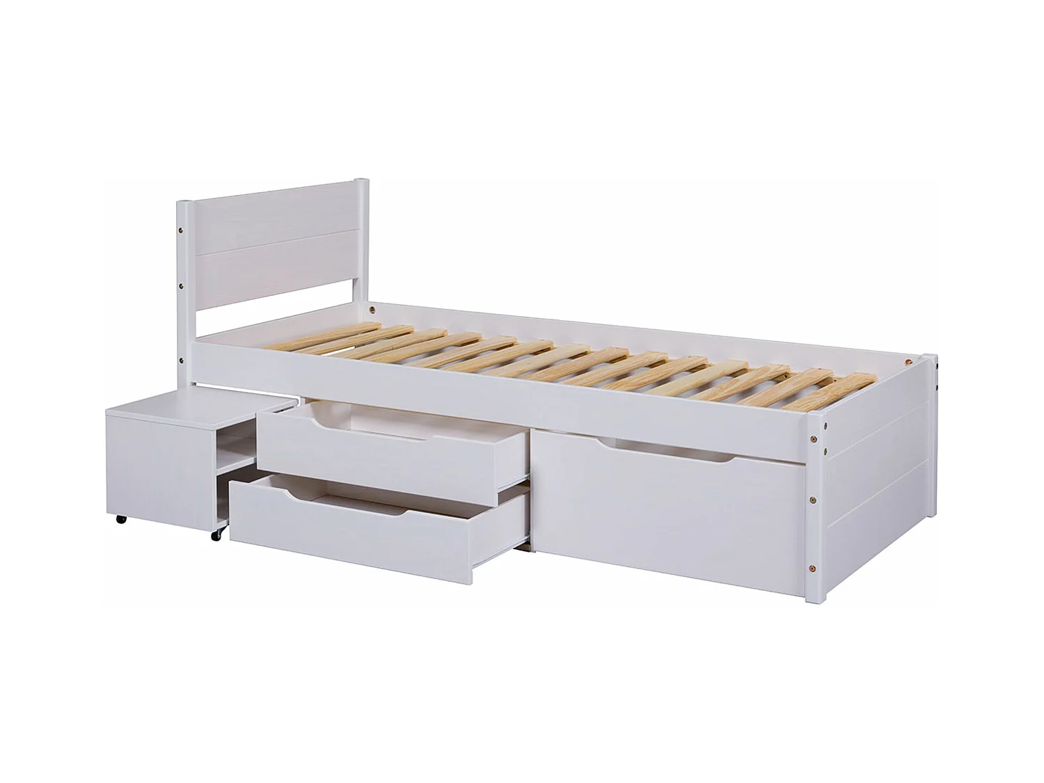 Lit multi-rangements 90x200cm en pin massif coloris blanc - longueur 209 x profondeur 96 x hauteur 90 cm