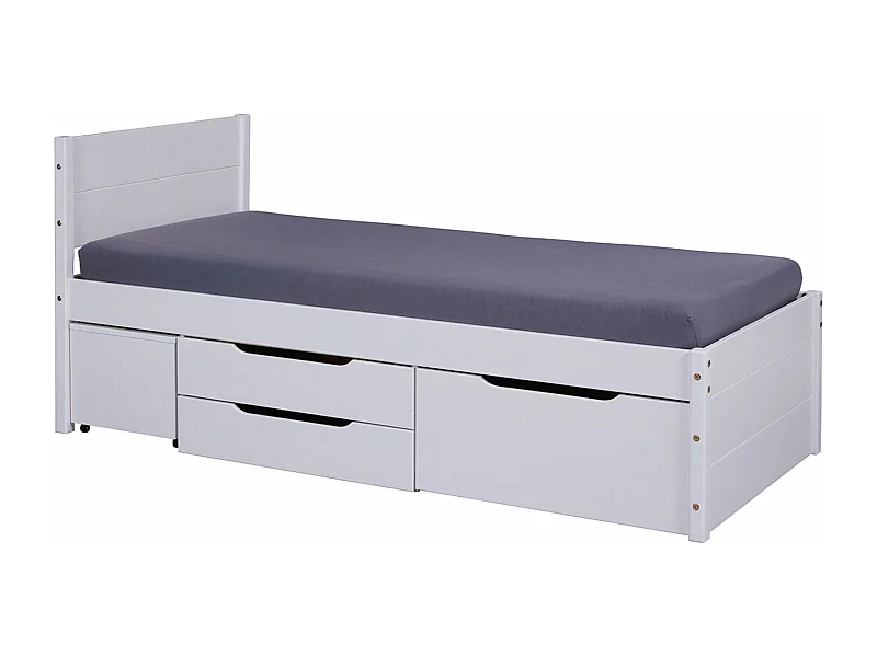 Lit multi-rangements 90x200cm en pin massif coloris blanc - longueur 209 x profondeur 96 x hauteur 90 cm