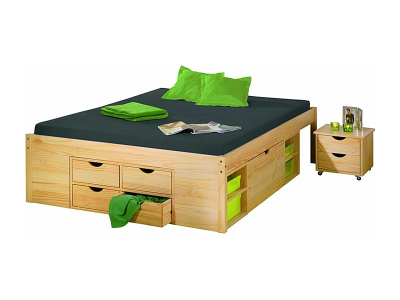 Lit Multi-Rangements Naturel, Dim : 209 x 166,3 x 47,5 cm