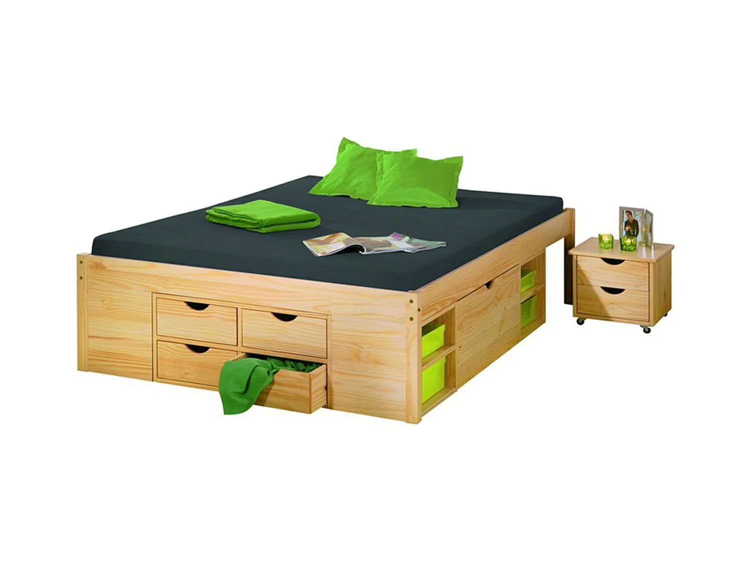 Lit Multi-Rangements Naturel, Dim : 209 x 186,3 x 47,5 cm