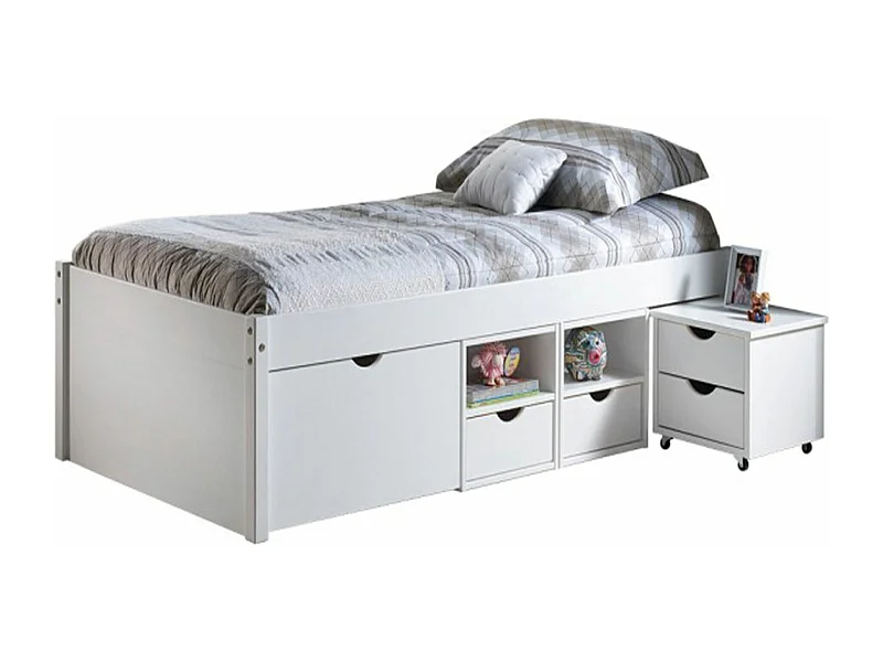 Lit multi rangements en pin couchage 90 X 200 cm - Dim : L 96 x P 209 x H 47.5 cm