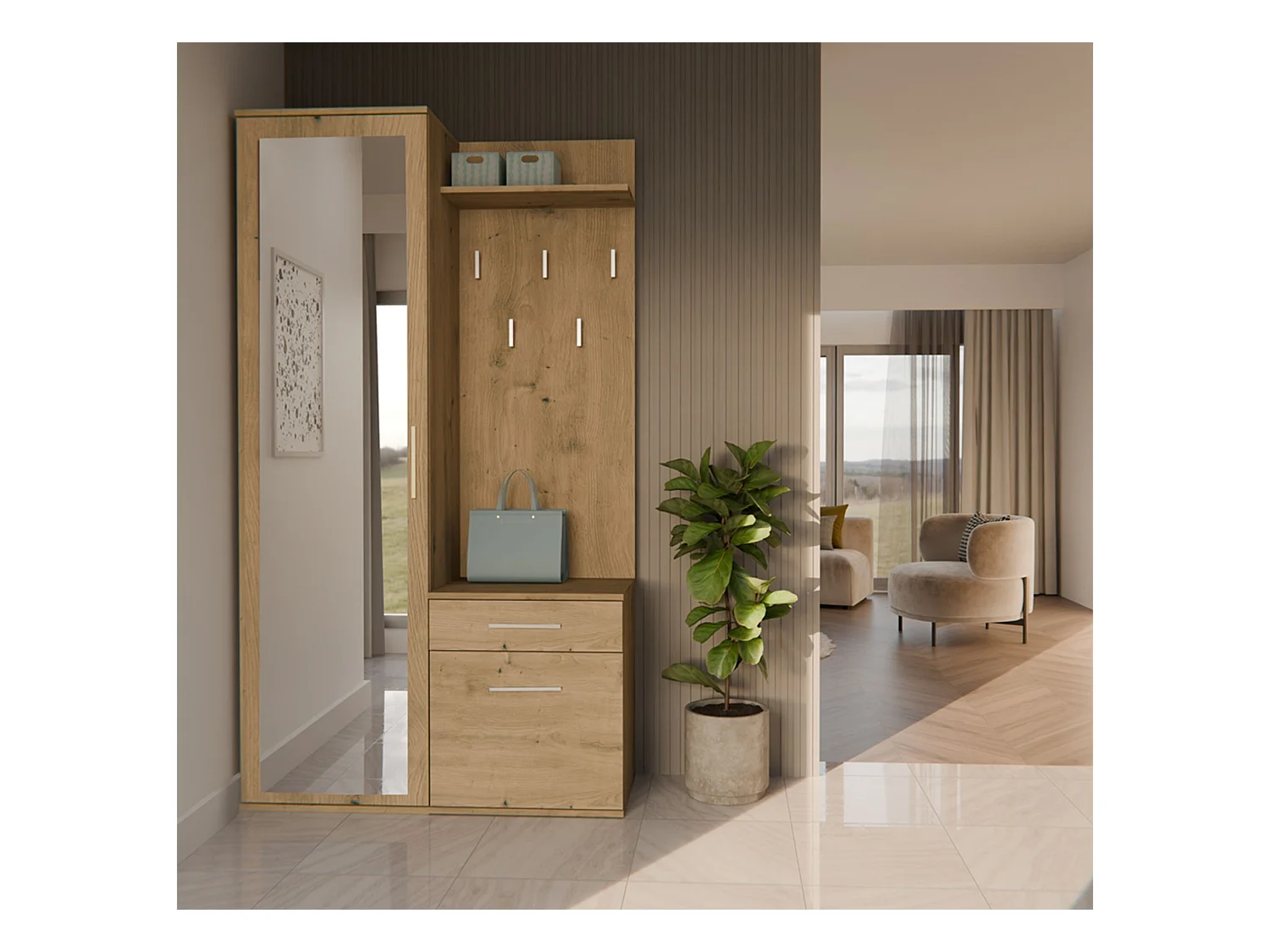 Flurgarderobe - mit Schrank und Spiegel - Eiche Artisan - 100 cm - DUVIO