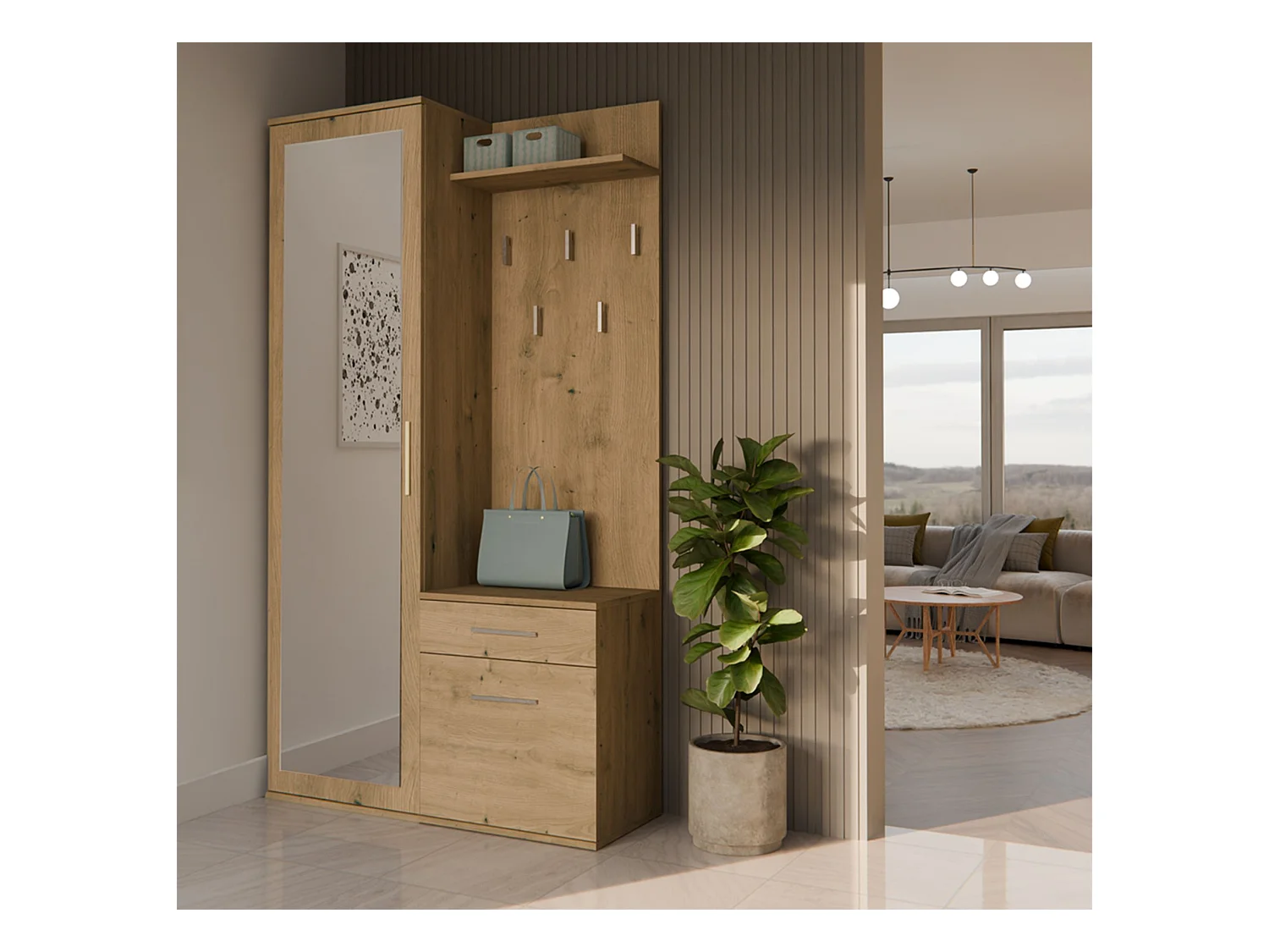 Flurgarderobe - mit Schrank und Spiegel - Eiche Artisan - 100 cm - DUVIO