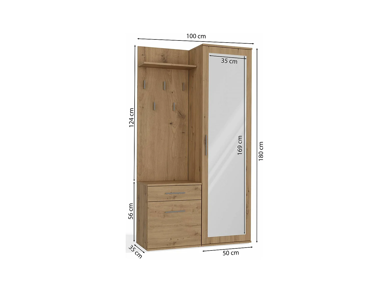 Flurgarderobe - mit Schrank und Spiegel - Eiche Artisan - 100 cm - DUVIO