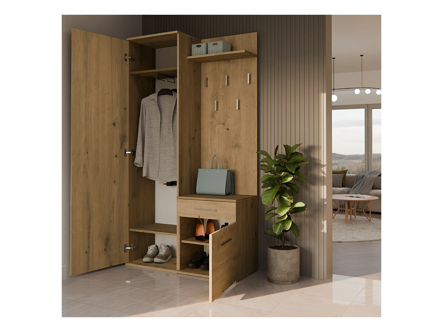 Flurgarderobe - mit Schrank und Spiegel - Eiche Artisan - 100 cm - DUVIO